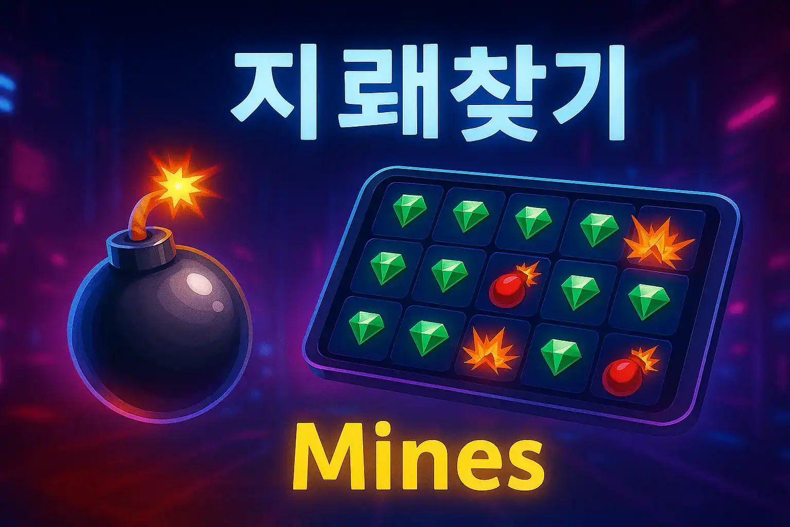 보석과 폭탄을 찾는 마인즈(지뢰찾기) 게임 인터페이스. 폭탄을 피해 보석을 찾아내어 승리하는 스릴 넘치는 온라인 카지노 게임을 보여주는 이미지입니다.