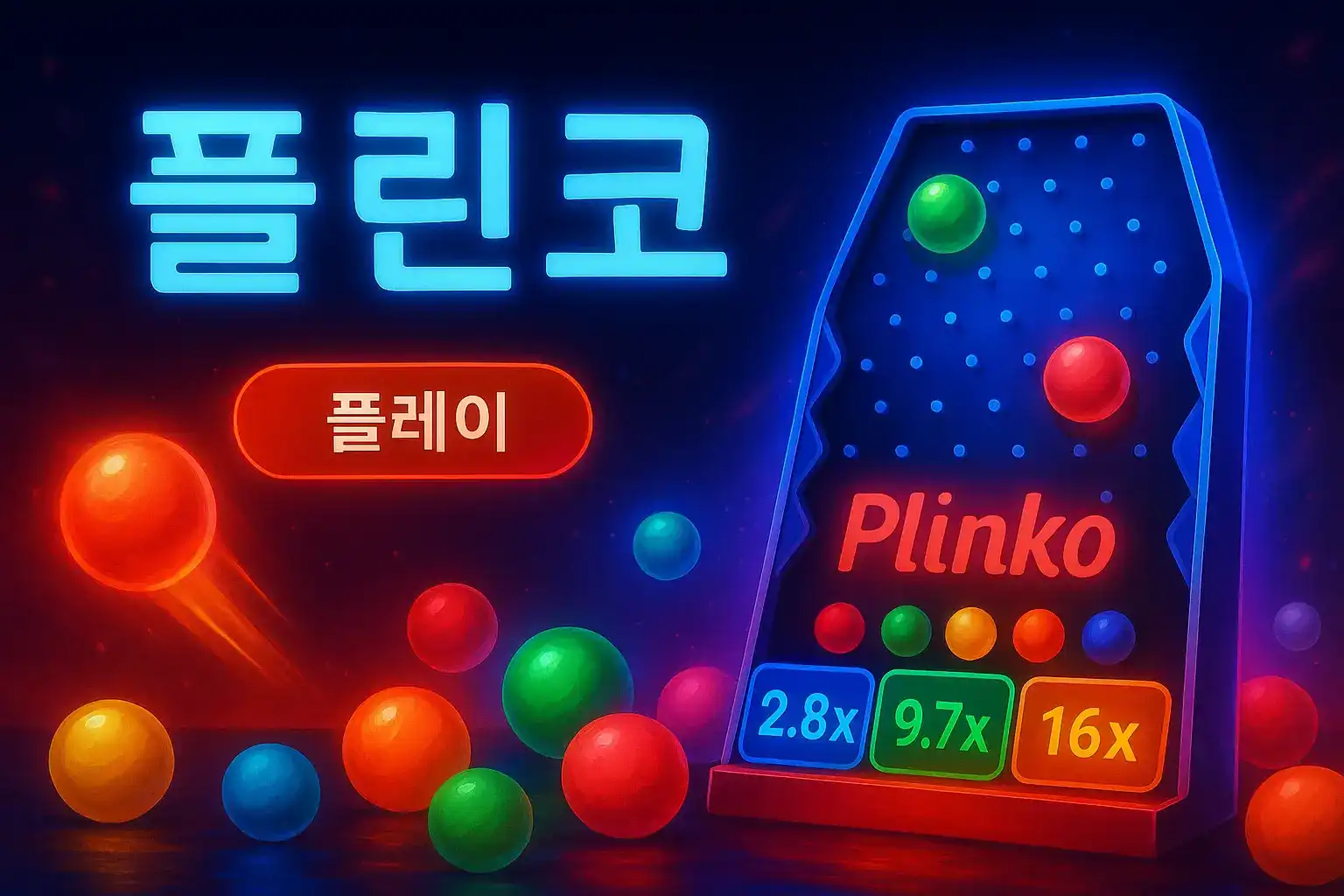 공을 떨어뜨려 승수를 맞추는 플링코 게임의 화려한 그래픽. 하단에는 2.8배, 9.7배, 16배 등 다양한 배당률이 표시되어 있어 게임의 기대감을 높입니다.